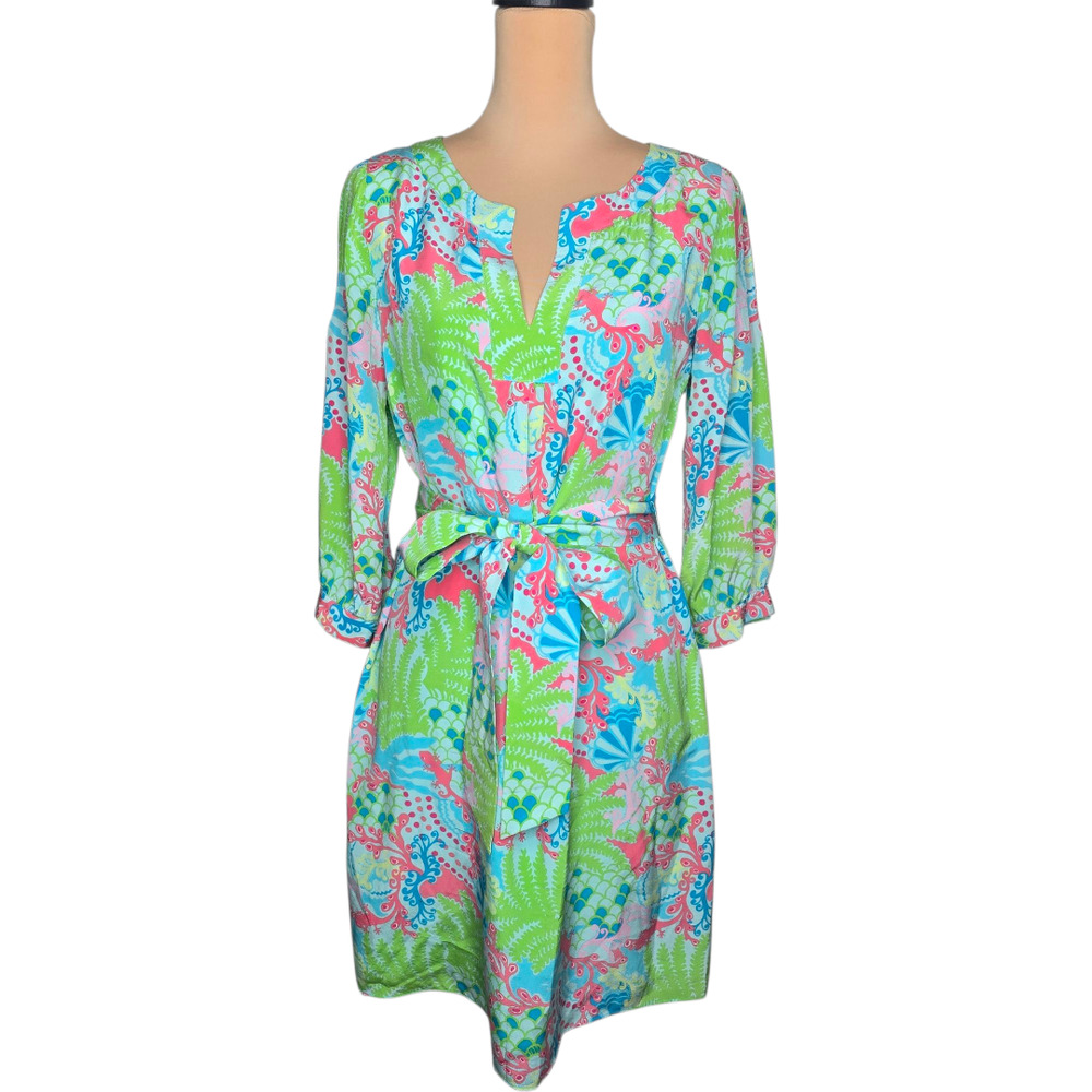 Lilly Pulitzer Anya Silk Dress Checking In Surf Blue Size‎ 4